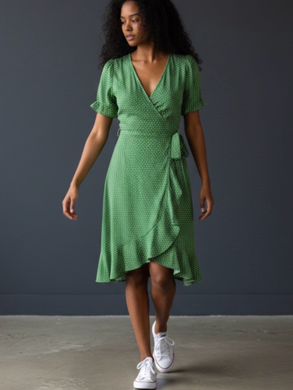 VERO MODA Mini-dress. Precious Polka-dot Apple Green Wrap Ruffle. Small.